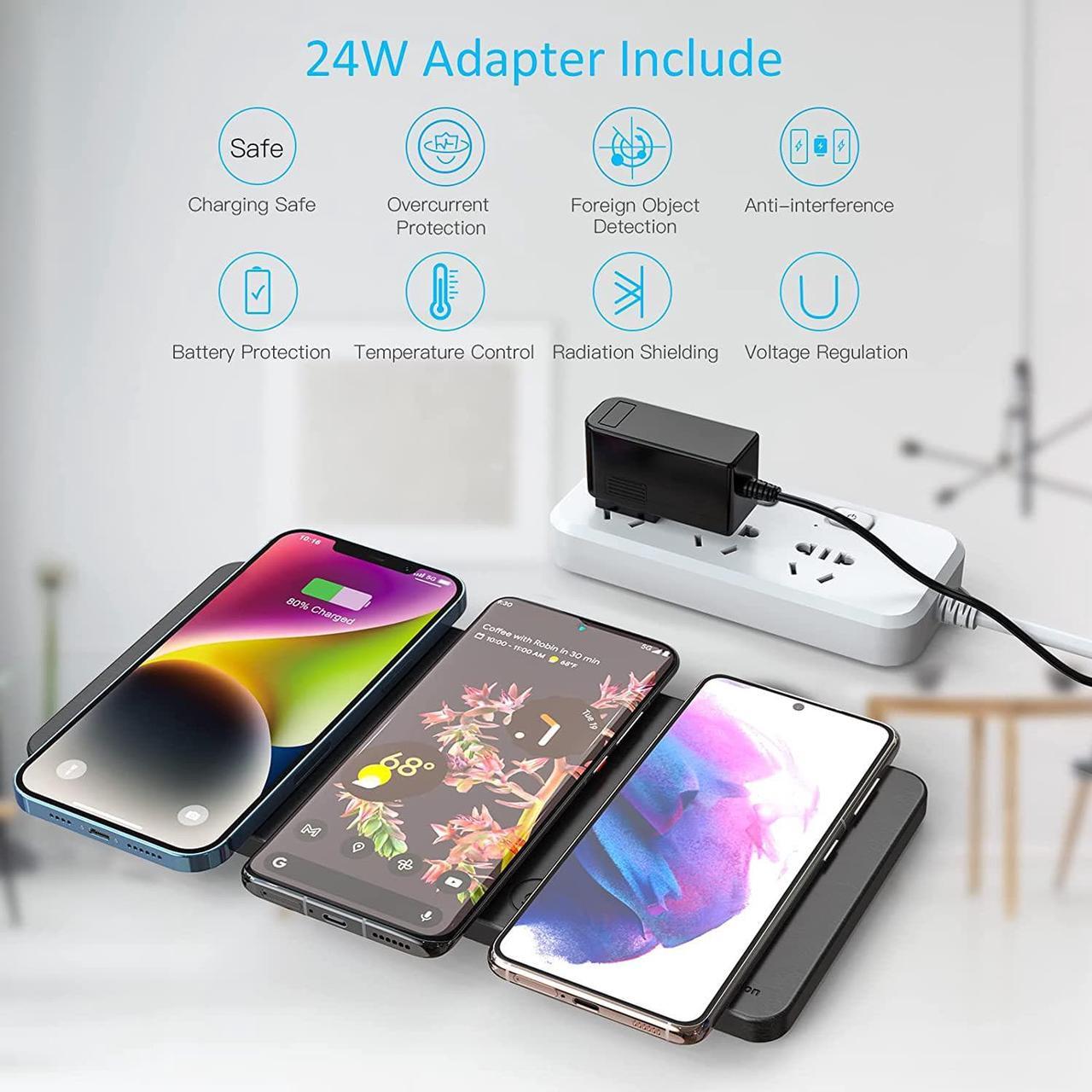 Alt view image 3 of 7 - Wireless Charging Pad Ultra-Slim Triple Wireless Charger Station for Multiple 3 Devices & New Airpods Ultra Slim PU Leather Wireless Charging Mat W/AC Adapter for Smartphone Phone (Black)