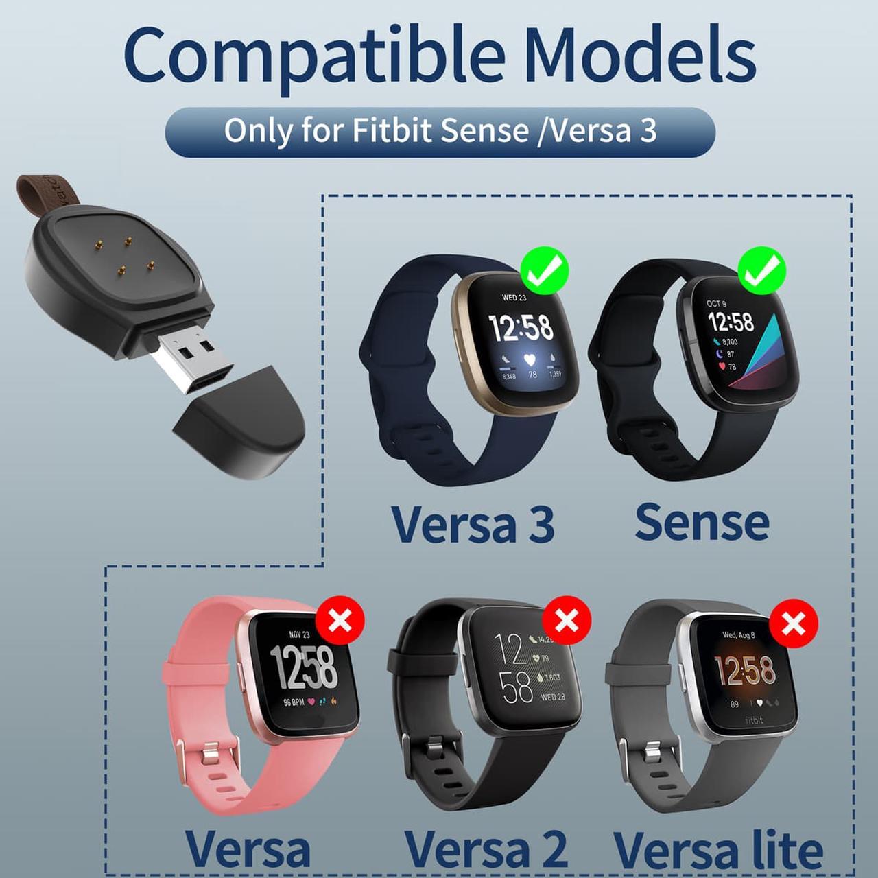Alt view image 2 of 7 - USB Charger for Fitbit Versa 3/Ftbit Sense Black Color Light Weight Travel Cordless Smartwatch Charger