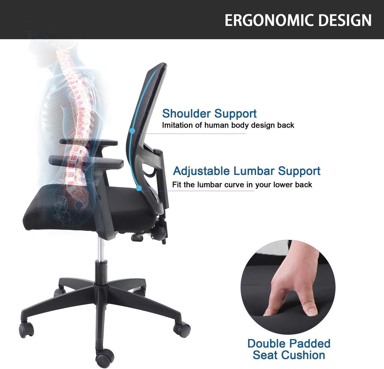 Alt view image 5 of 7 - Ergonomic Home Office Desk Chair High Back, Modern 360° Swivel Executive Computer Chair with Height Adjustable Armrests, Lumbar Support, Breathable Mesh Back, Black - 1 Pack, Load Capacity: 300 lbs
