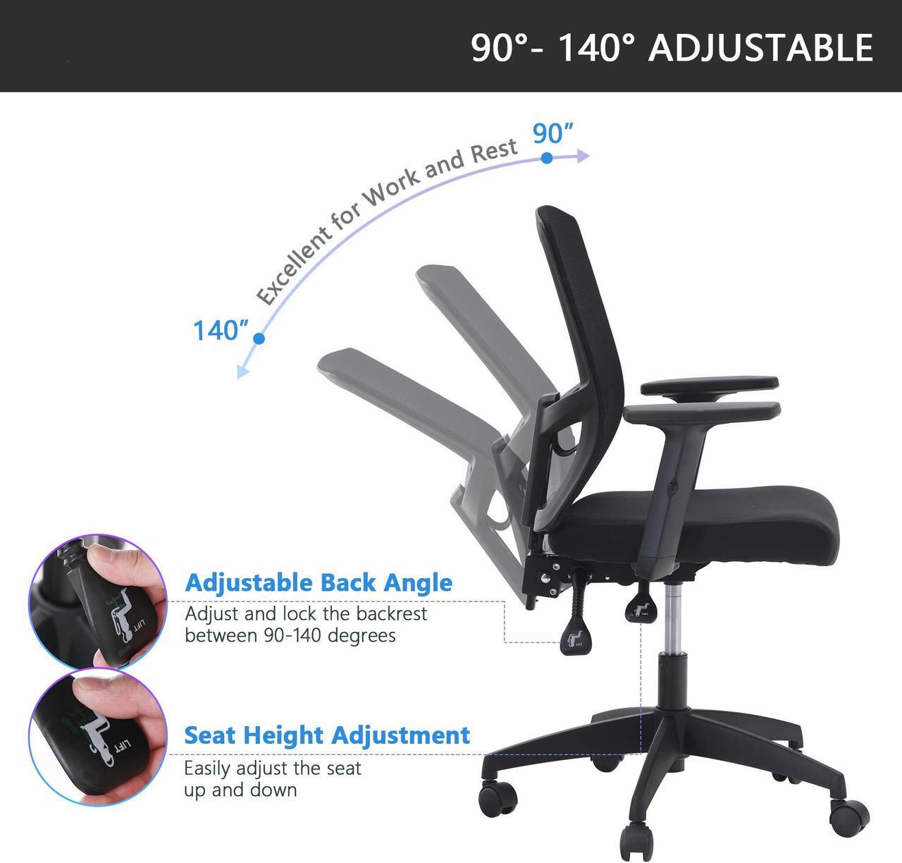 Alt view image 6 of 7 - Ergonomic Home Office Desk Chair High Back, Modern 360° Swivel Executive Computer Chair with Height Adjustable Armrests, Lumbar Support, Breathable Mesh Back, Black - 1 Pack, Load Capacity: 300 lbs