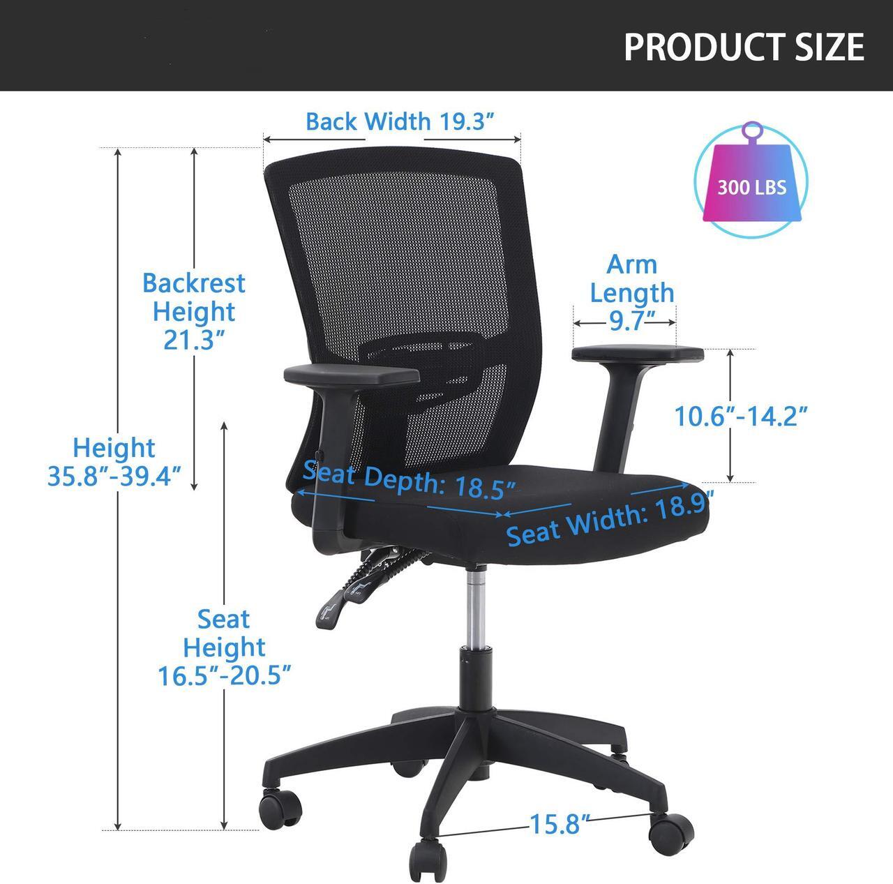 Alt view image 7 of 7 - Ergonomic Home Office Desk Chair High Back, Modern 360° Swivel Executive Computer Chair with Height Adjustable Armrests, Lumbar Support, Breathable Mesh Back, Black - 1 Pack, Load Capacity: 300 lbs
