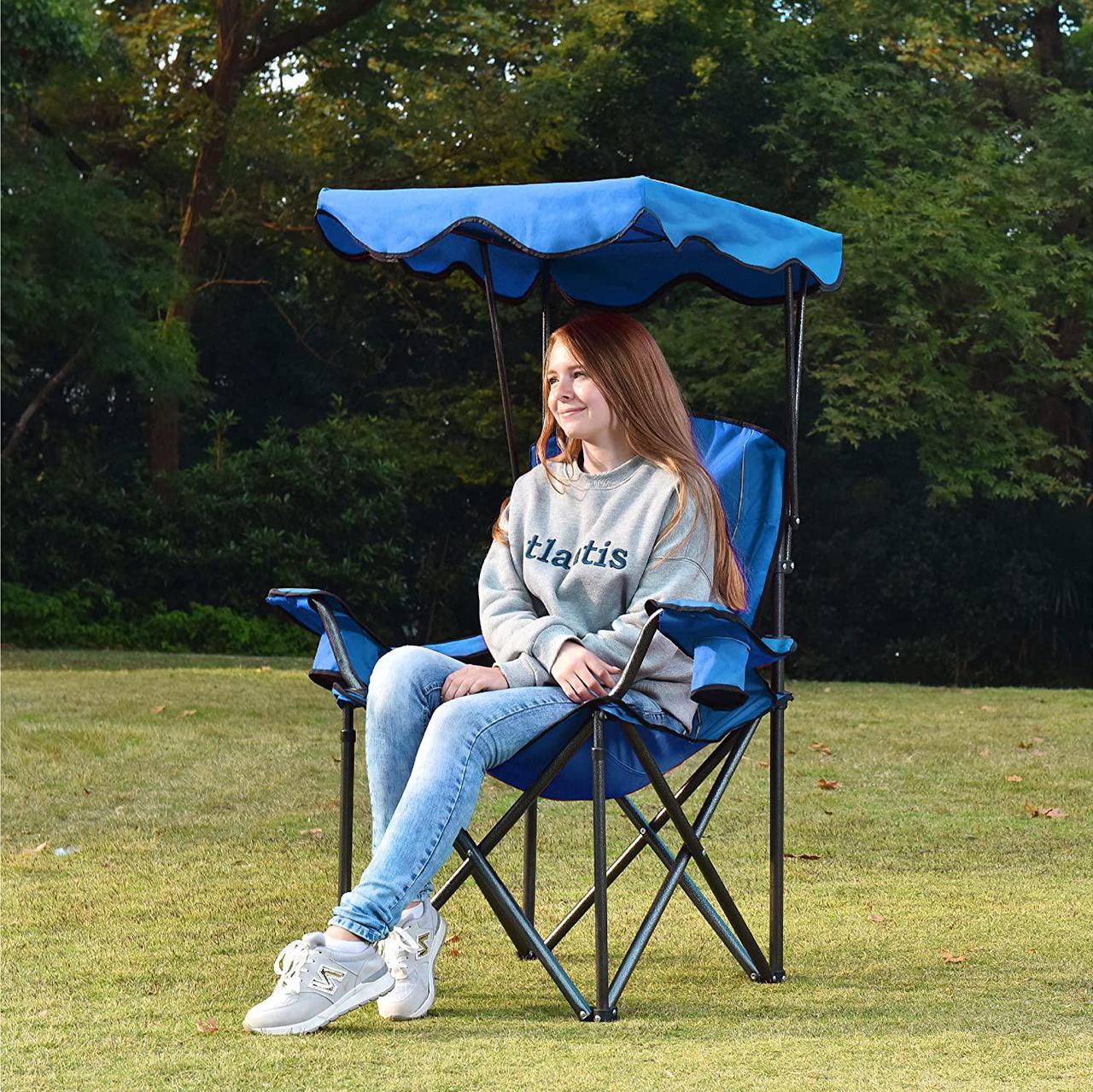 Alt view image 6 of 6 - Camp Chairs with Shade Canopy Chair Folding Camping Recliner