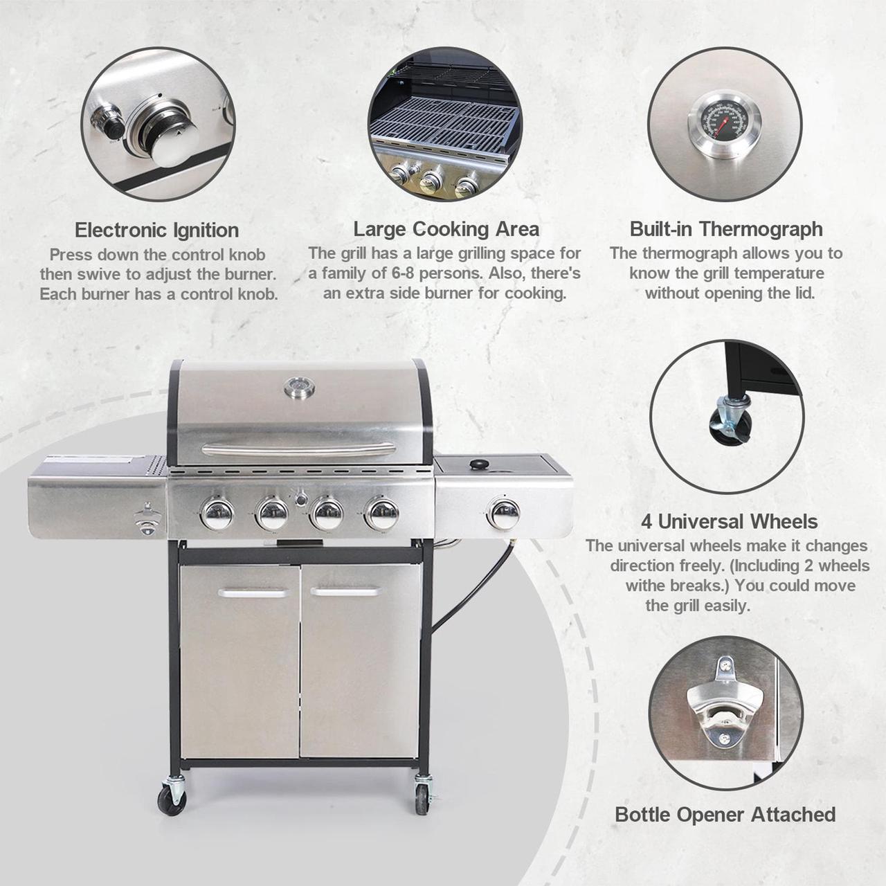 Alt view image 6 of 7 - Captiva Design Gas Grills Larger 4-Burner Gas Grills Stainless Steel Cabinet Style Propane Grills with Side Burner