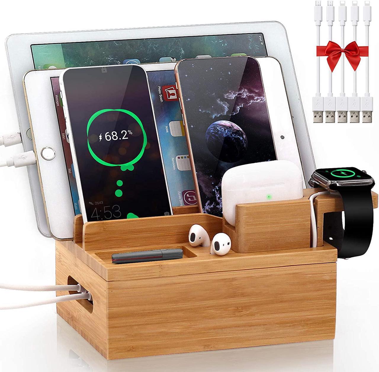 Pezin & Hulin Charging Station for Multiple Devices, Bamboo 3 Slots Charger Stand for Apple Product, Cellphone, AirPods, iWatch,Tablet .(Includes 5 Cables, Watch & headset Stand, NO Charger HUB)