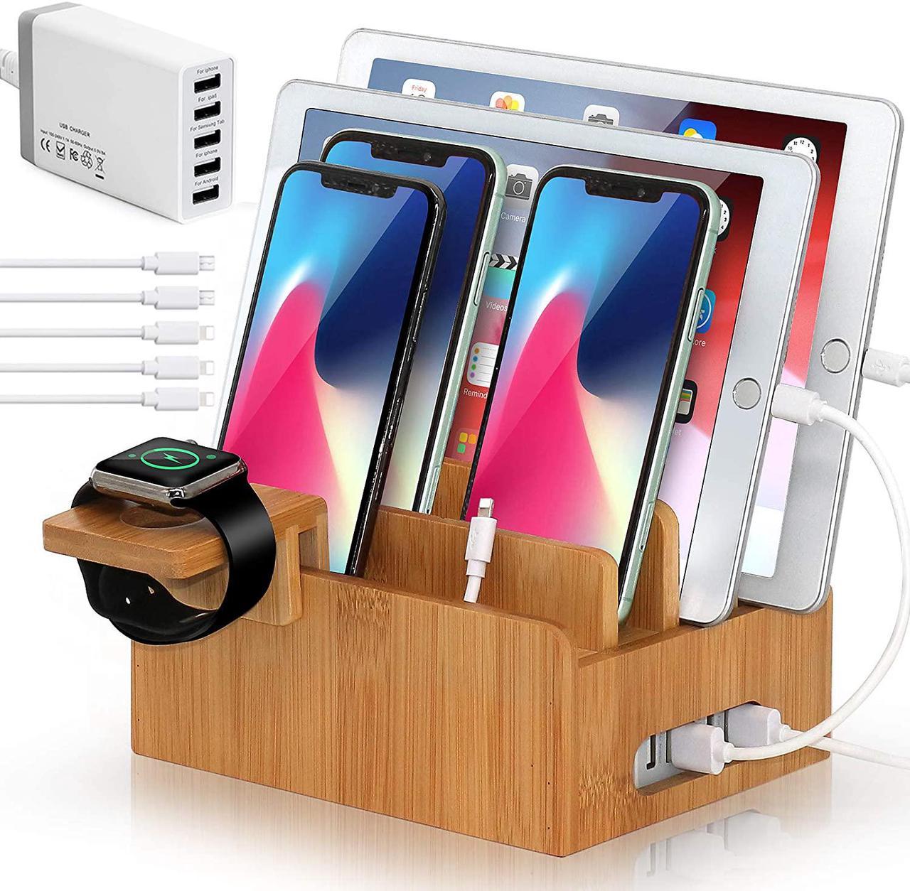 Pezin & Hulin Bamboo  USB Charging Stand,Magnetic Organizer Stand Compatible with Phone,Tablet,Watch,Table and Other Smart Devices (Includes 5 Port USB Charger, 5 Cables,Watch Stand)