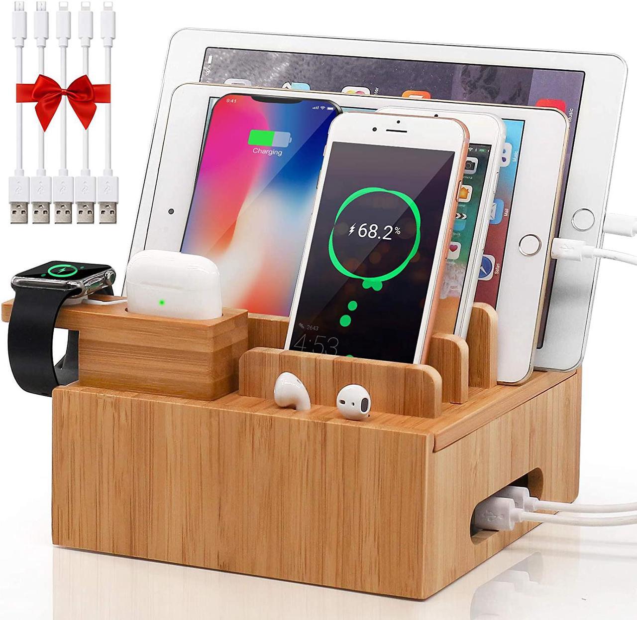 Pezin & Hulin Charging Stand,Charger Dock Station for Multiple Devices,forApple Product, Kindle,Tablet,Bonus Watch & AirPod Stand, Bamboo color. (Includes 5 Cables,NO Charger HUB)