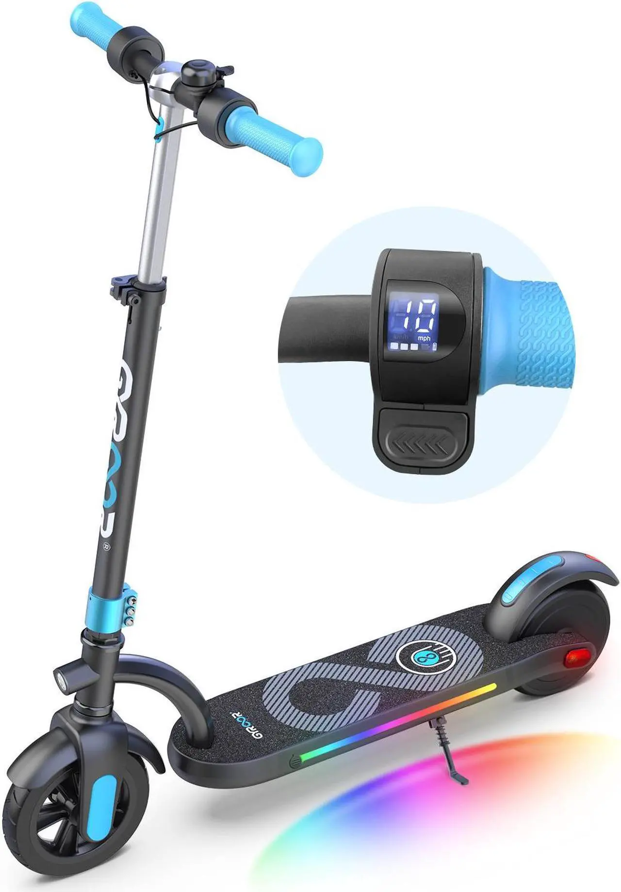 Main image of Gyroor Kids Electric Scooter, with 200W Motor & LED Visible Display, Colorful Lights, Adjustable Speed and Height, 10 Mph & 10 Miles Range Electric Scooter, Electric Scooter for Kids Ages 8-12 Blue