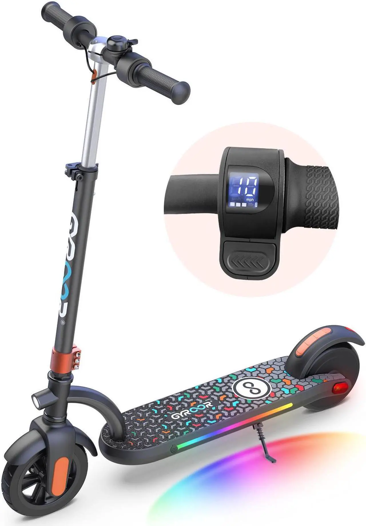 Main image of Gyroor Kids Electric Scooter, with 200W Motor & LED Visible Display, Colorful Lights, Adjustable Speed and Height, 10 Mph & 10 Miles Range Electric Scooter, Electric Scooter for Kids Ages 8-12 Orange