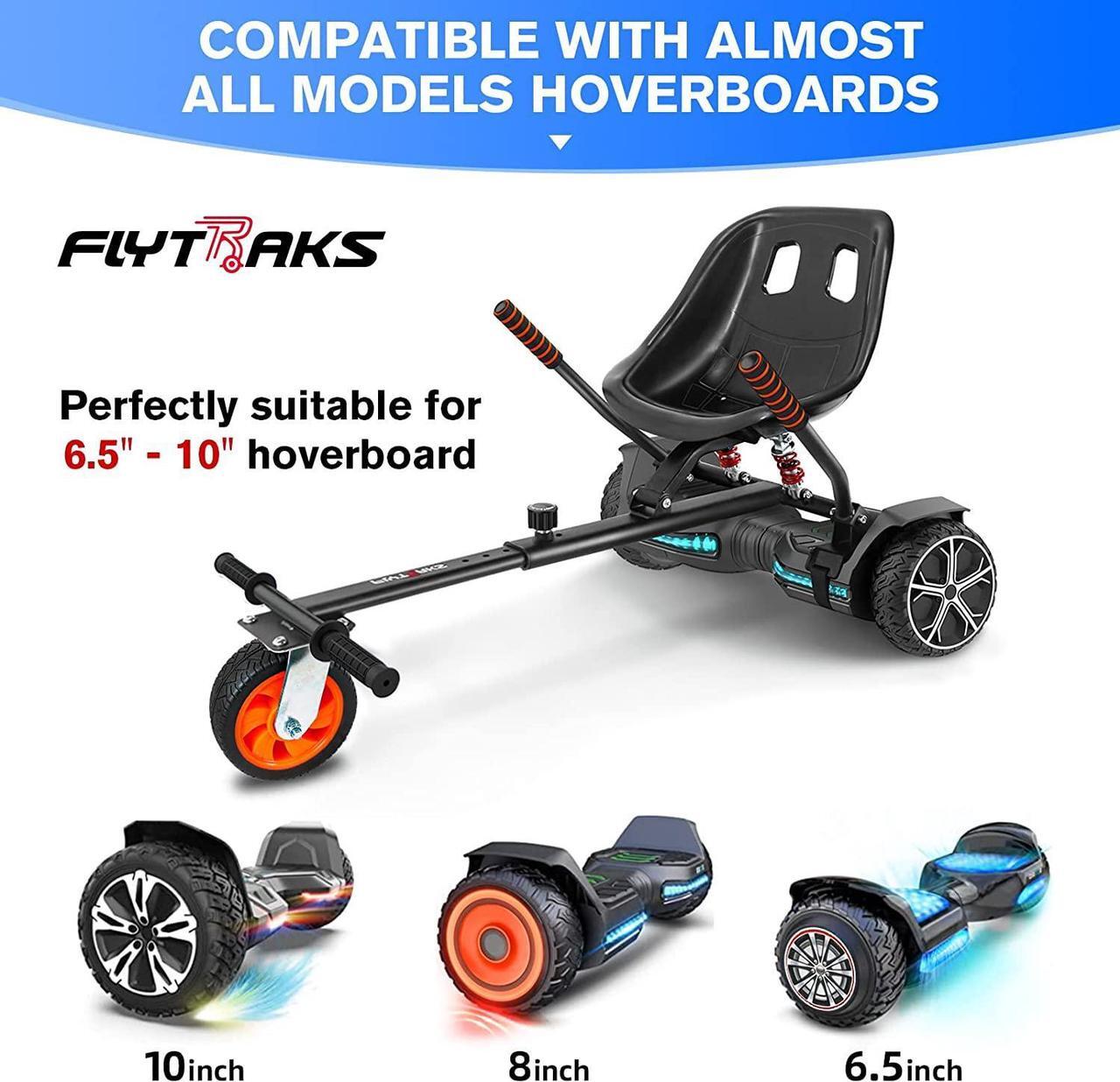 Alt view image 3 of 7 - Flytraks K2 Hoverboard Go Kart with Rear Shock Absorption, Hoverboard Seat Attachment Accessory for 6.5" 8" 10" Hover Board, Adjustable Frame Length & Off-Road Rubber Wheel