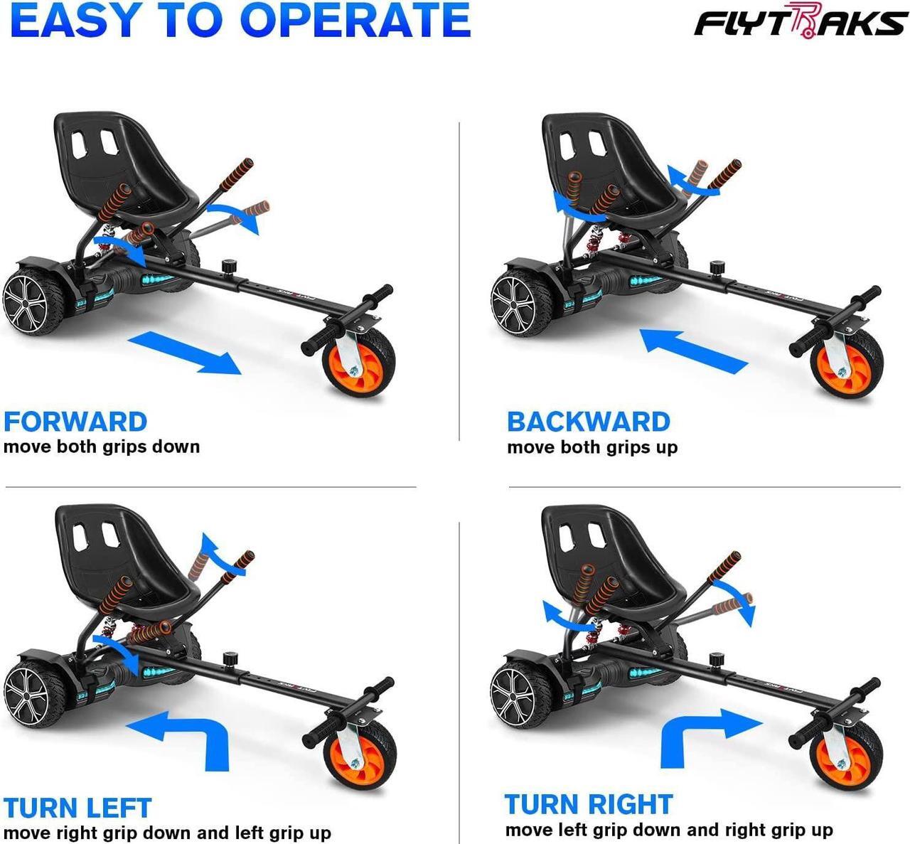 Alt view image 7 of 7 - Flytraks K2 Hoverboard Go Kart with Rear Shock Absorption, Hoverboard Seat Attachment Accessory for 6.5" 8" 10" Hover Board, Adjustable Frame Length & Off-Road Rubber Wheel