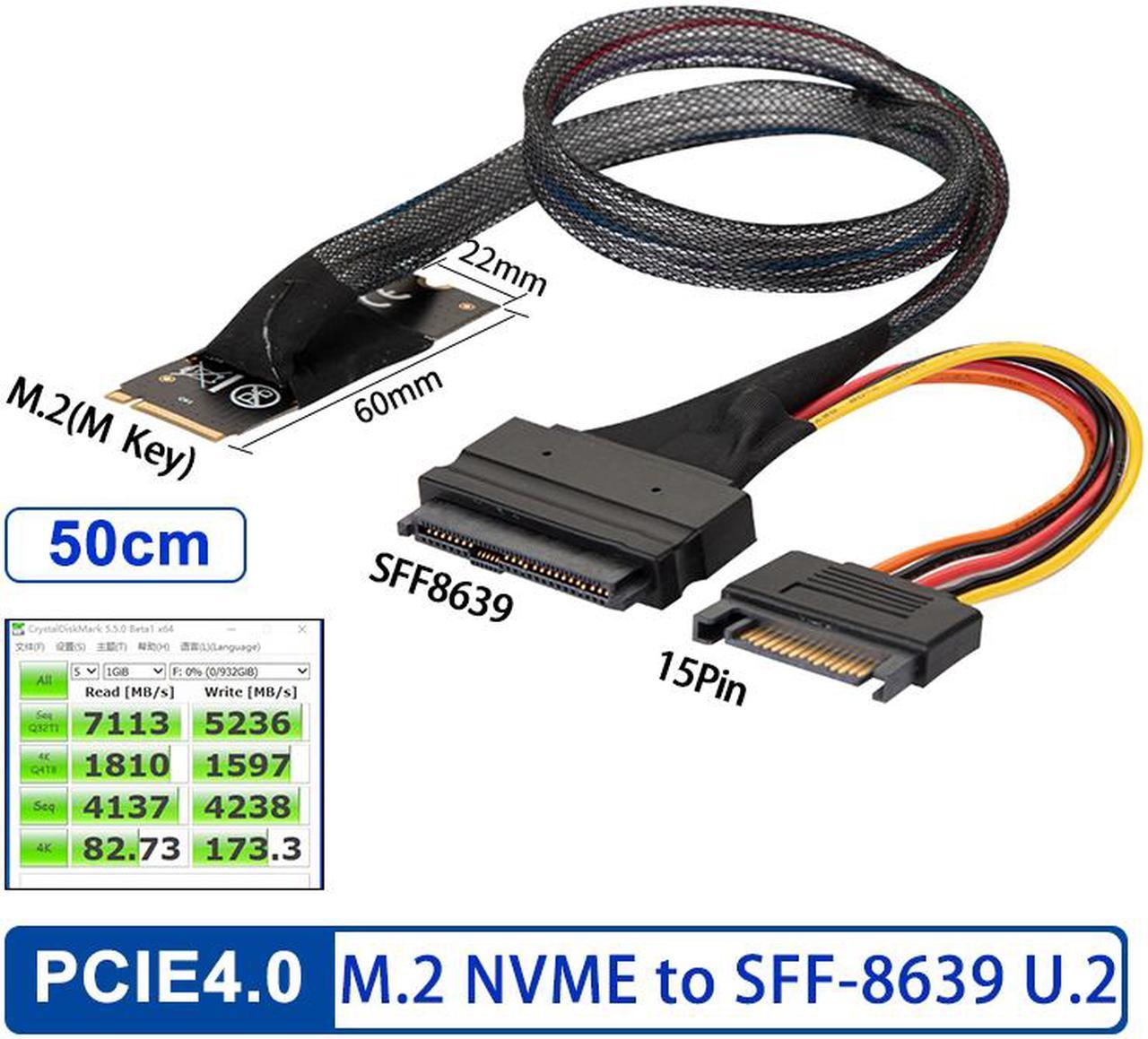 Weastlinks 50cm M.2 NVME M Key to SFF-8639 U.2 Cable Adapter with 15Pin SATA Power Supply Cable for 2.5 inch NVMe SSD M2 to U.2 Riser Cable