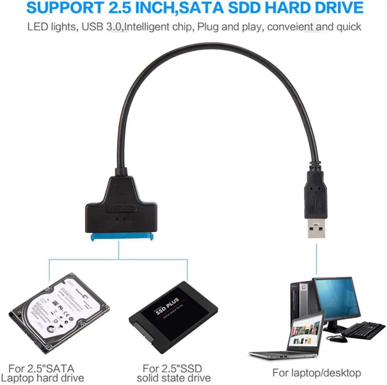 Alt view image 3 of 6 - Weastlinks USB 3.0 2.0 SATA Up To 6 Gbps 3 Cable Sata To USB 3.0 Adapter Support 2.5 Inch External HDD SSD Hard Drive 22 Pin Sata III Cable