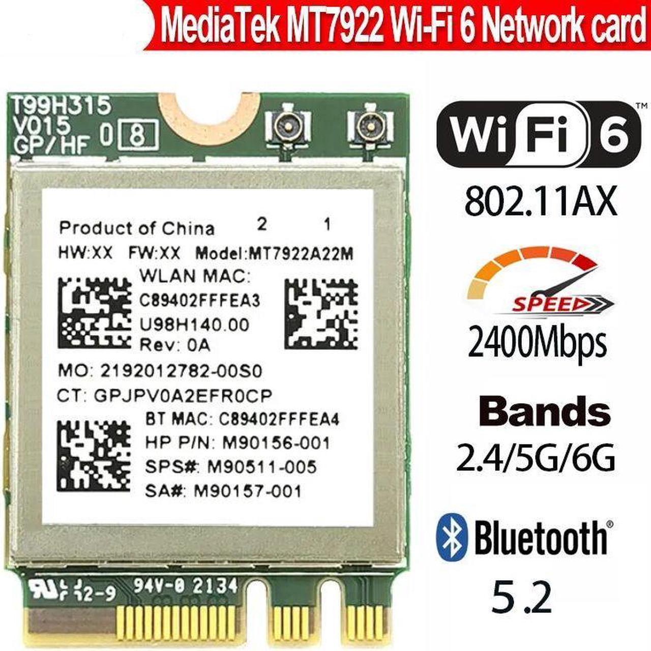 Weastlinks WiFi6E MT7922 MT7922A22M 2400Mbps Wifi Card 2.4/5/6G Bluetooth 5.2 BT5.2 Wireless Adapter Wireless Card 2400M M.2 NGFF