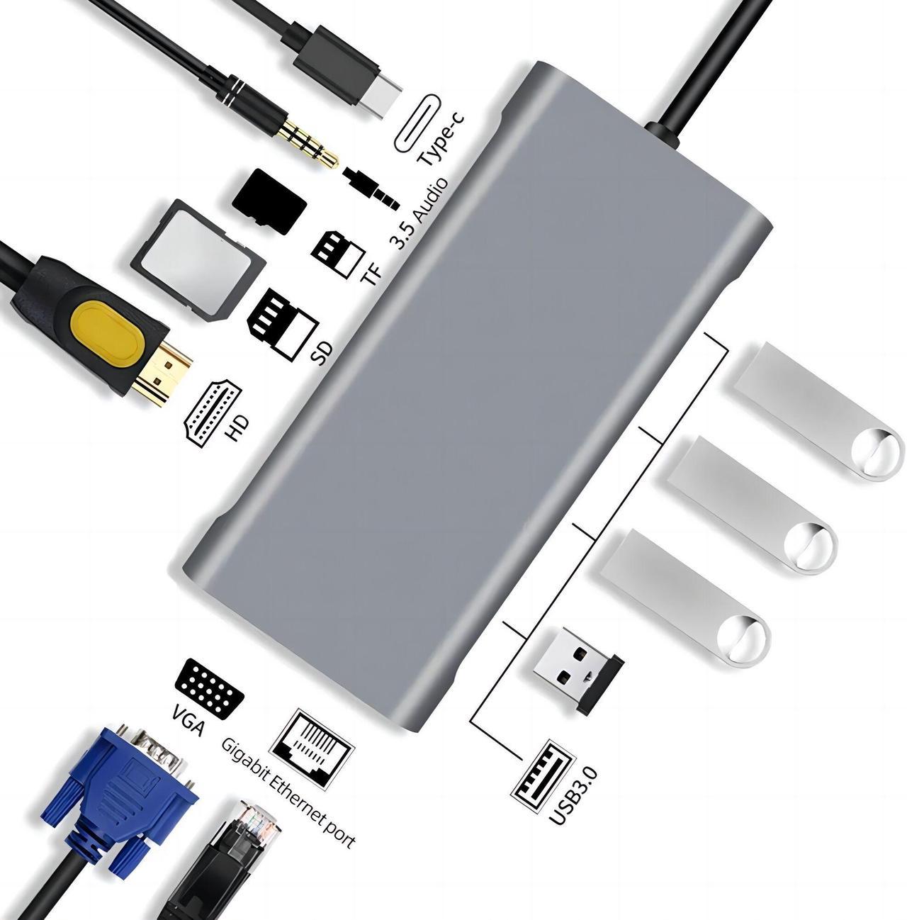 Weastlinks USB Hub 11 in 1 Type-c Splitter to USB Adapter VGA Card Reader Multiple Ports Dock Station USB