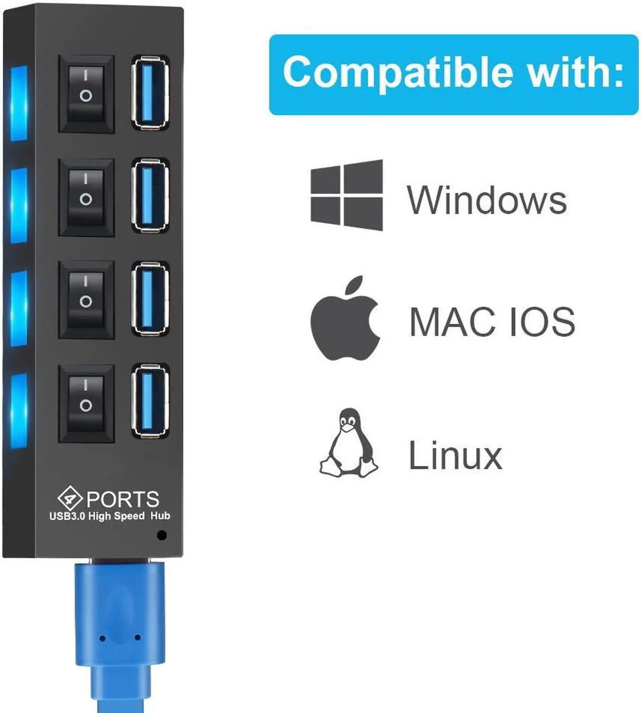 Alt view image 7 of 7 - Weastlinks USB 3.0 Hub 7 Port USB Hub 3.0 Multi USB Splitter 3 Hab Use Power Adapter 7 Ports Multiple Expander USB3.0 Hub with Switch for PC