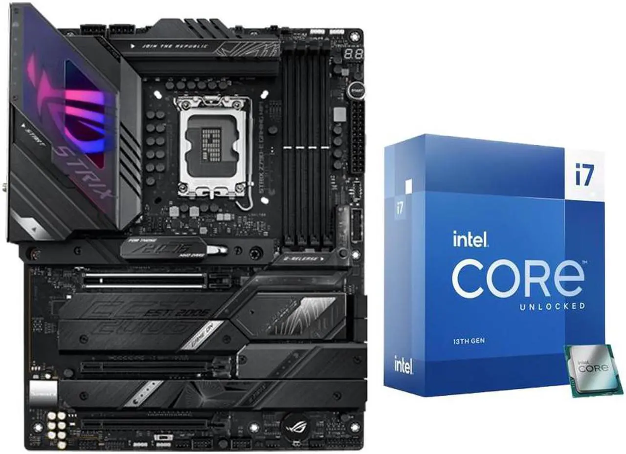 Main image of Intel Core i7-13700K - Core i7 13th Gen Raptor Lake 16-Core (8P+8E) LGA 1700 125W Intel UHD Graphics 770 Desktop Processor and ASUS ROG Strix Z790-E Gaming WiFi 6E DDR5 LGA 1700 ATX Motherboard