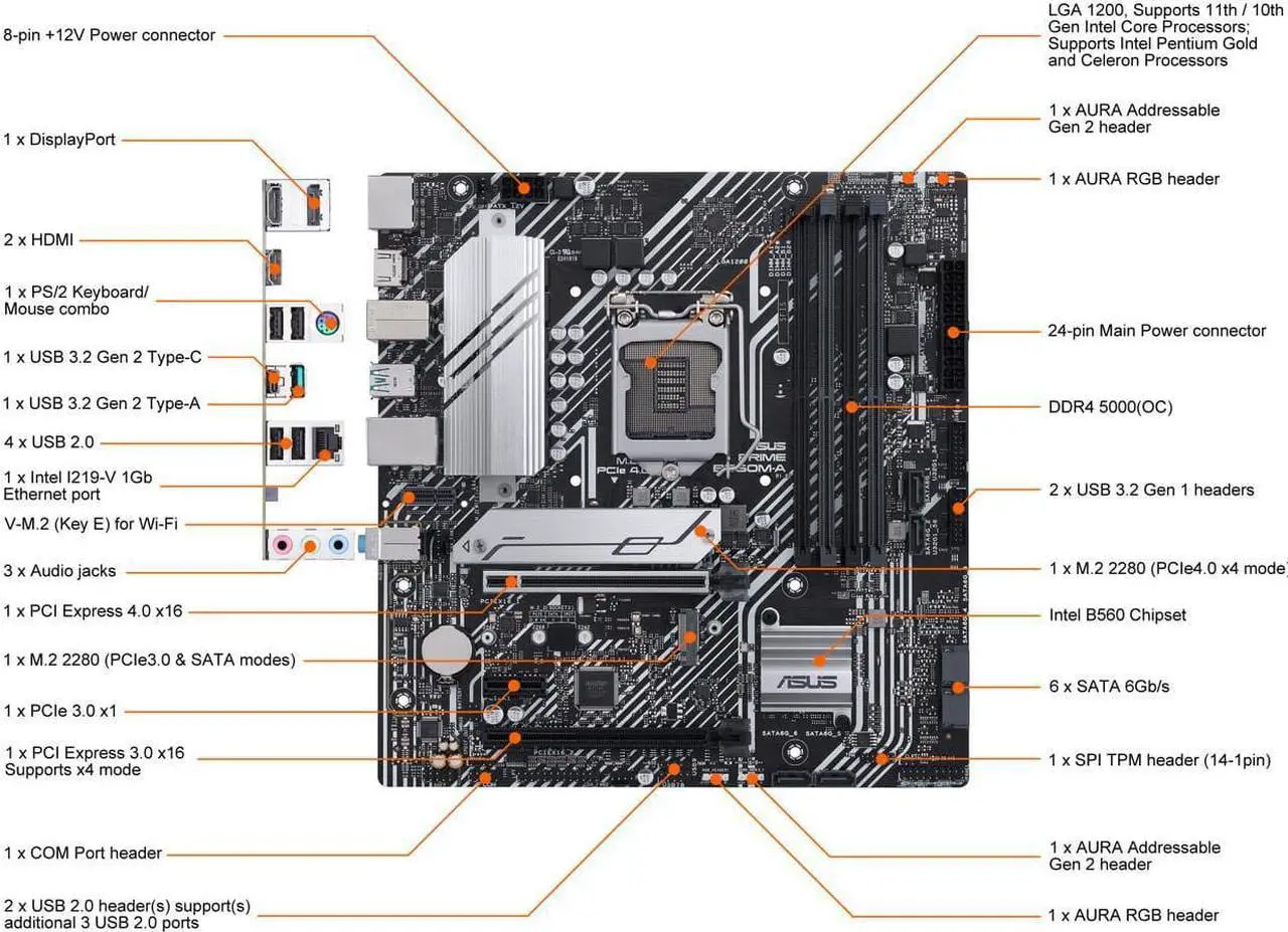 Alt view image 5 of 8 - ASUS PRIME B560M-A LGA 1200 Intel B560 SATA 6Gb/s Micro ATX Intel Motherboard