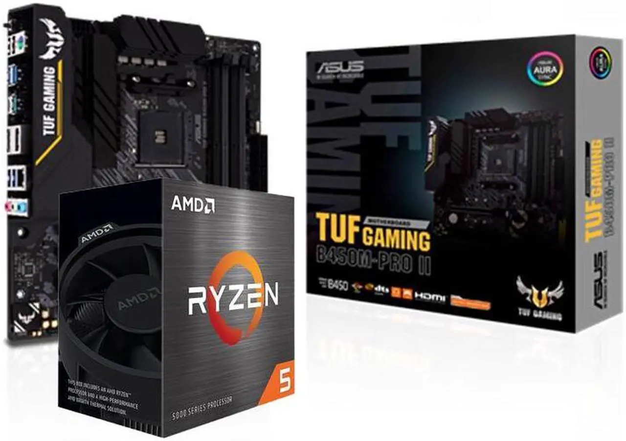Main image of ASUS TUF GAMING B450M-PRO II AMD Ryzen 3 AM4 DDR4, HDMI,  USB 3.1 Gen 2 Motherboard and AMD Ryzen 5 5600 - Ryzen 5 5000 Series Vermeer (Zen 3) 6-Core 3.5 GHz Socket AM4 65W,AMD Motherboard CPU Combo
