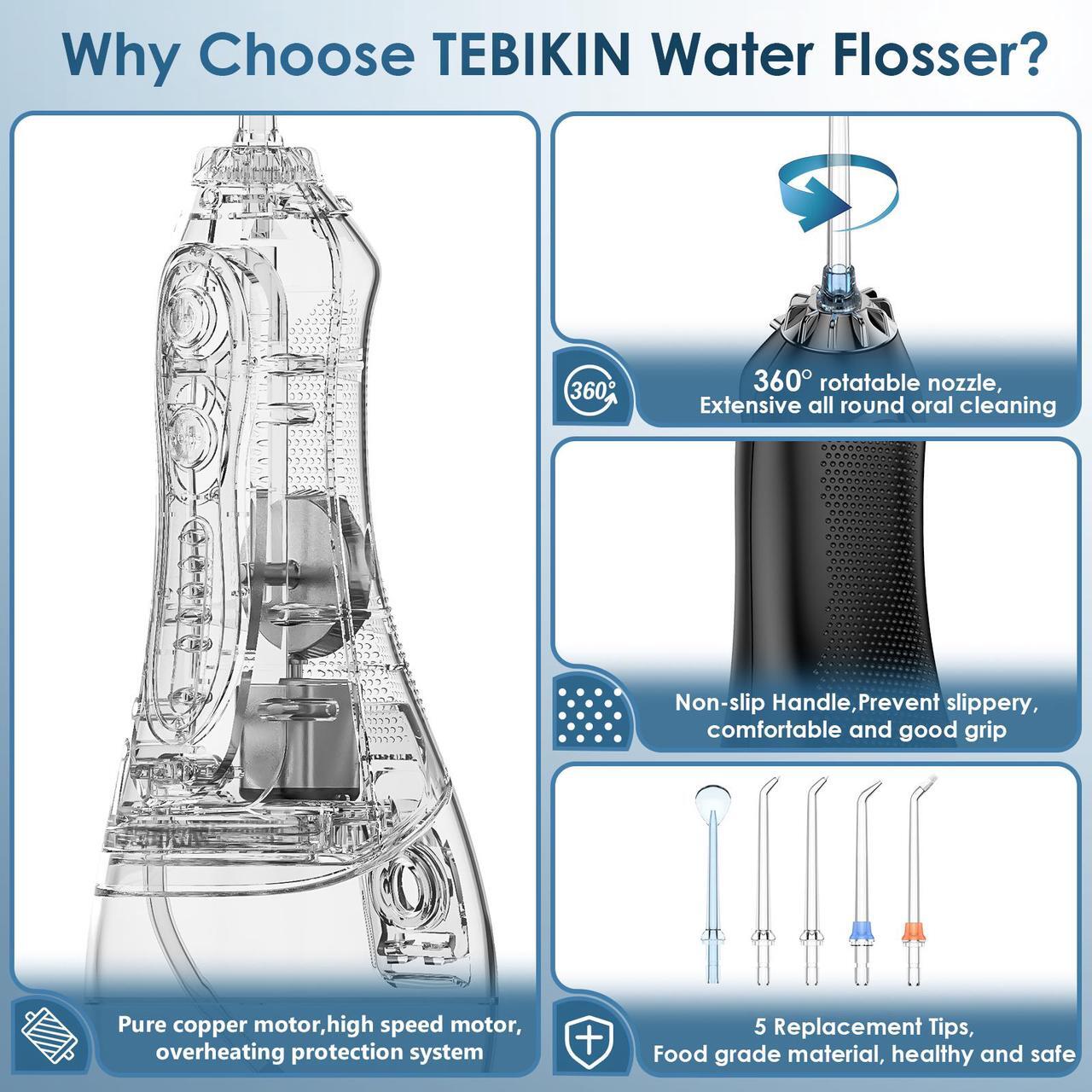 Alt view image 7 of 7 - Water Flosser Cordless Professional, TEBIKIN 300ML Portable Dental Oral Irrigator with 5 Modes, IPX7 Waterproof Rechargeable Water Pick Teeth Cleaner Electric for Home Travel