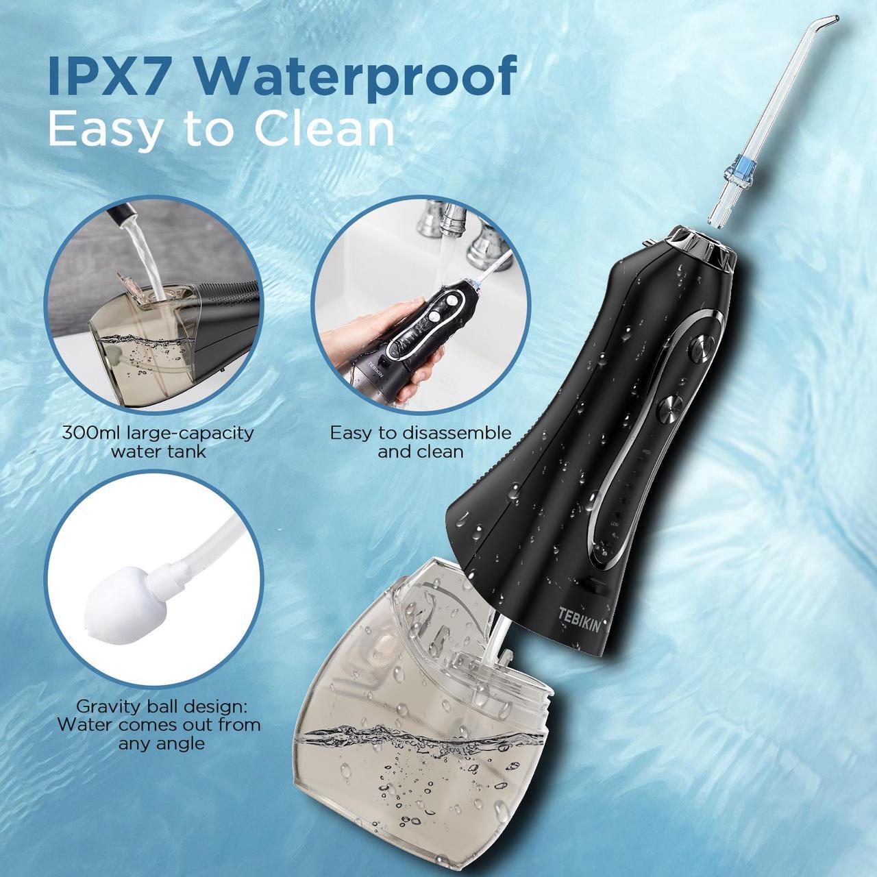 Alt view image 6 of 7 - Water Flosser Cordless Professional, TEBIKIN 300ML Portable Dental Oral Irrigator with 5 Modes, IPX7 Waterproof Rechargeable Water Pick Teeth Cleaner Electric for Home Travel