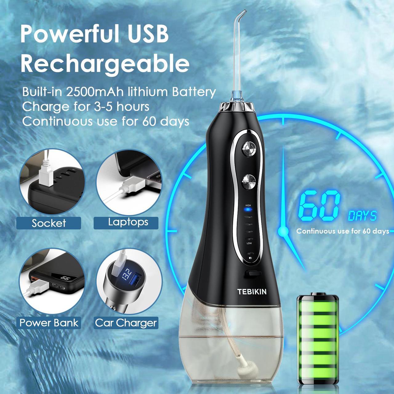 Alt view image 5 of 7 - Water Flosser Cordless Professional, TEBIKIN 300ML Portable Dental Oral Irrigator with 5 Modes, IPX7 Waterproof Rechargeable Water Pick Teeth Cleaner Electric for Home Travel