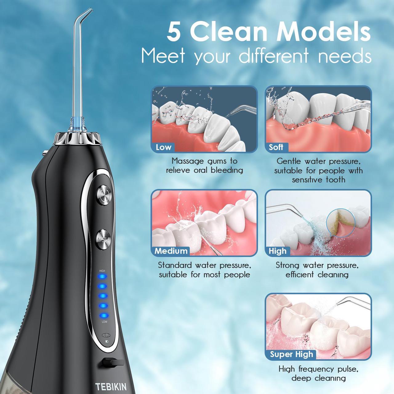 Alt view image 3 of 7 - Water Flosser Cordless Professional, TEBIKIN 300ML Portable Dental Oral Irrigator with 5 Modes, IPX7 Waterproof Rechargeable Water Pick Teeth Cleaner Electric for Home Travel