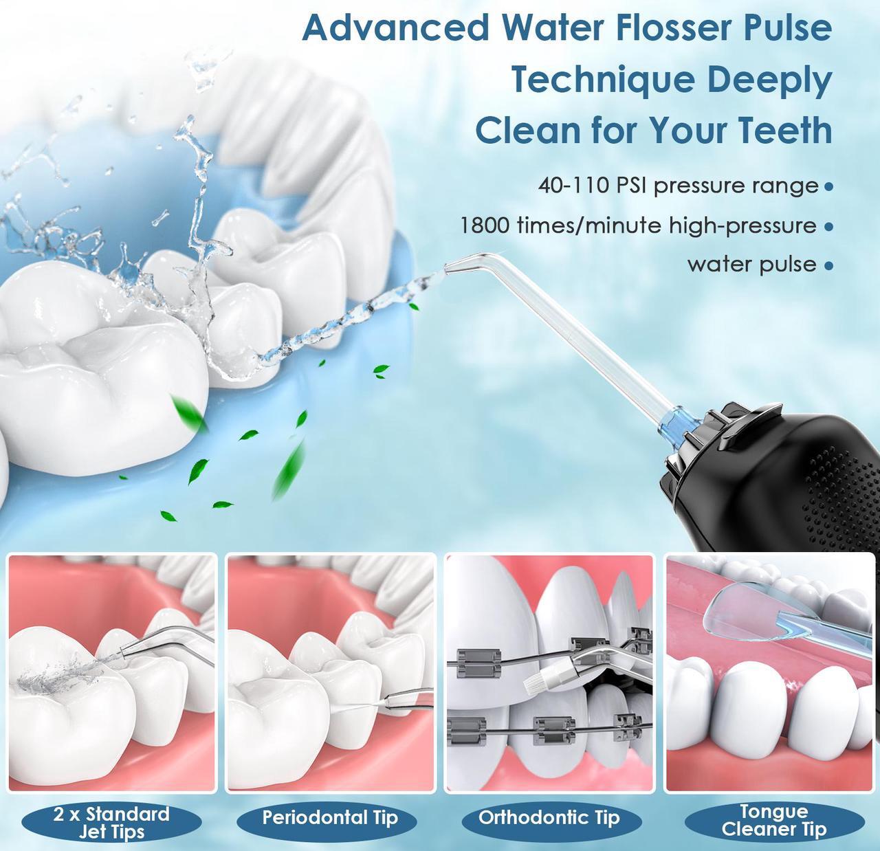 Alt view image 4 of 7 - Water Flosser Cordless Professional, TEBIKIN 300ML Portable Dental Oral Irrigator with 5 Modes, IPX7 Waterproof Rechargeable Water Pick Teeth Cleaner Electric for Home Travel