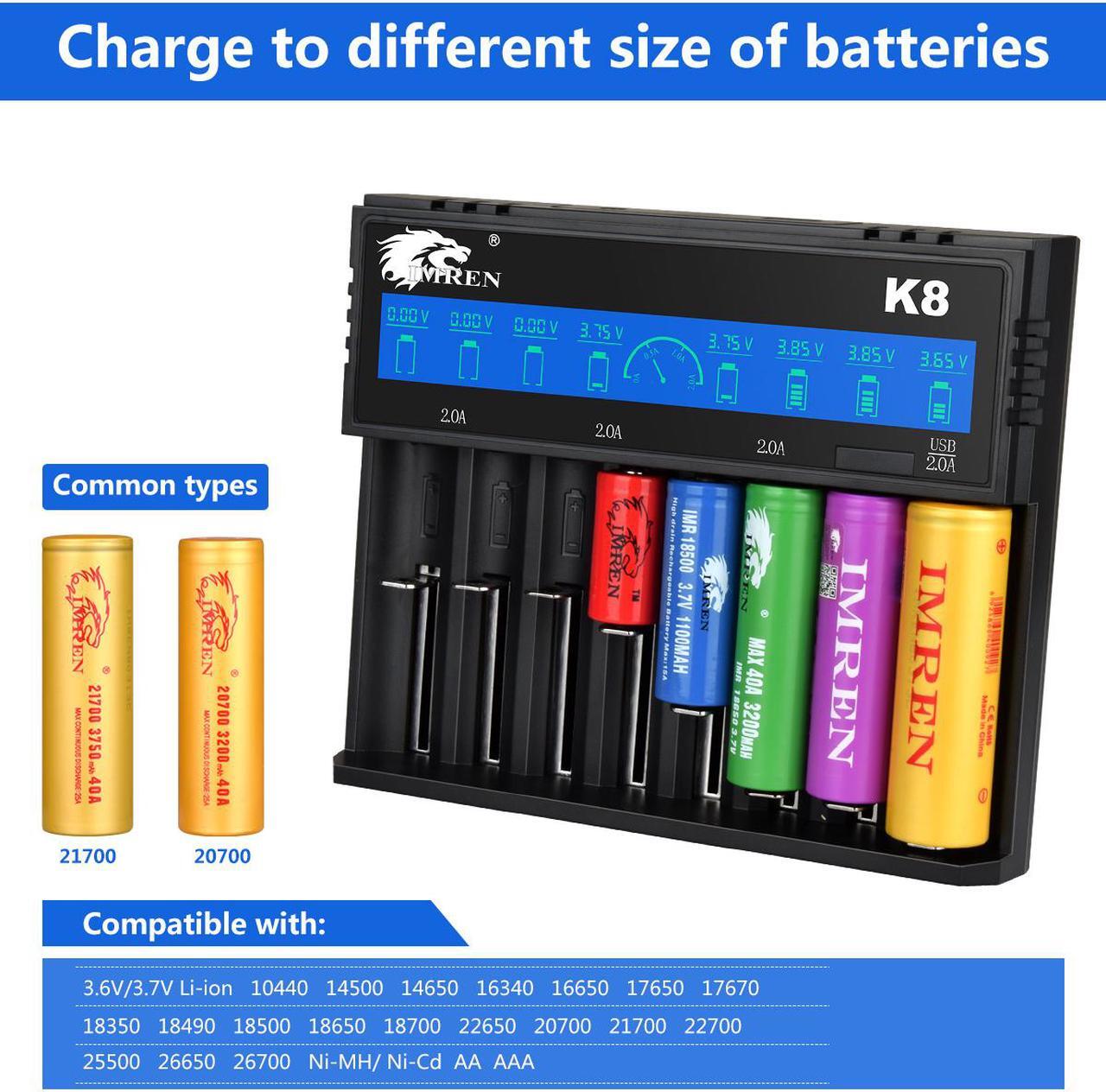 Alt view image 6 of 7 - IMREN 18650 Battery Charger,Fast Charge Rechargeable for 3.7V Lithium Rechargeable Battery 14500 14650 17500 17670 18350 18650 18700 20700 21700 26650 (8 Bay)