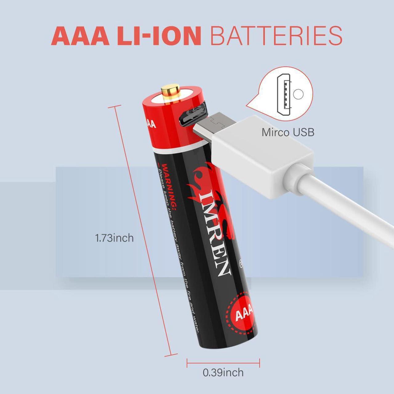 Alt view image 3 of 6 - IMREN AAA Battery,Rechargeable AAA Lithium Batteries 1.5V 800mWh, Over 1200 Cycles, 4 in 1 Micro USB Cable,4-Pack