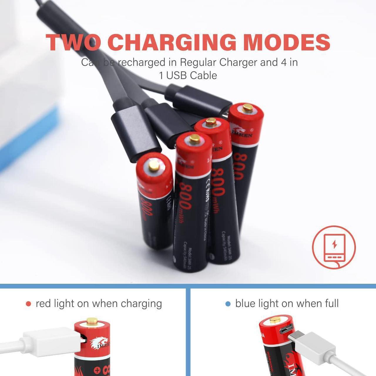 Alt view image 2 of 6 - IMREN AAA Battery,Rechargeable AAA Lithium Batteries 1.5V 800mWh, Over 1200 Cycles, 4 in 1 Micro USB Cable,4-Pack