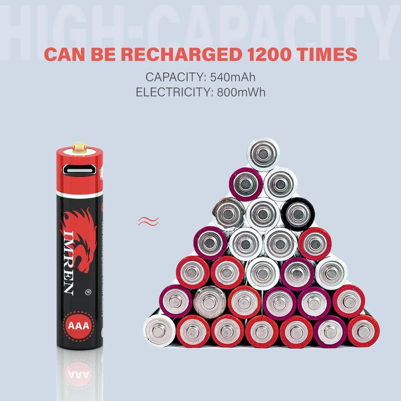 Alt view image 5 of 6 - IMREN AAA Battery,Rechargeable AAA Lithium Batteries 1.5V 800mWh, Over 1200 Cycles, 4 in 1 Micro USB Cable,4-Pack
