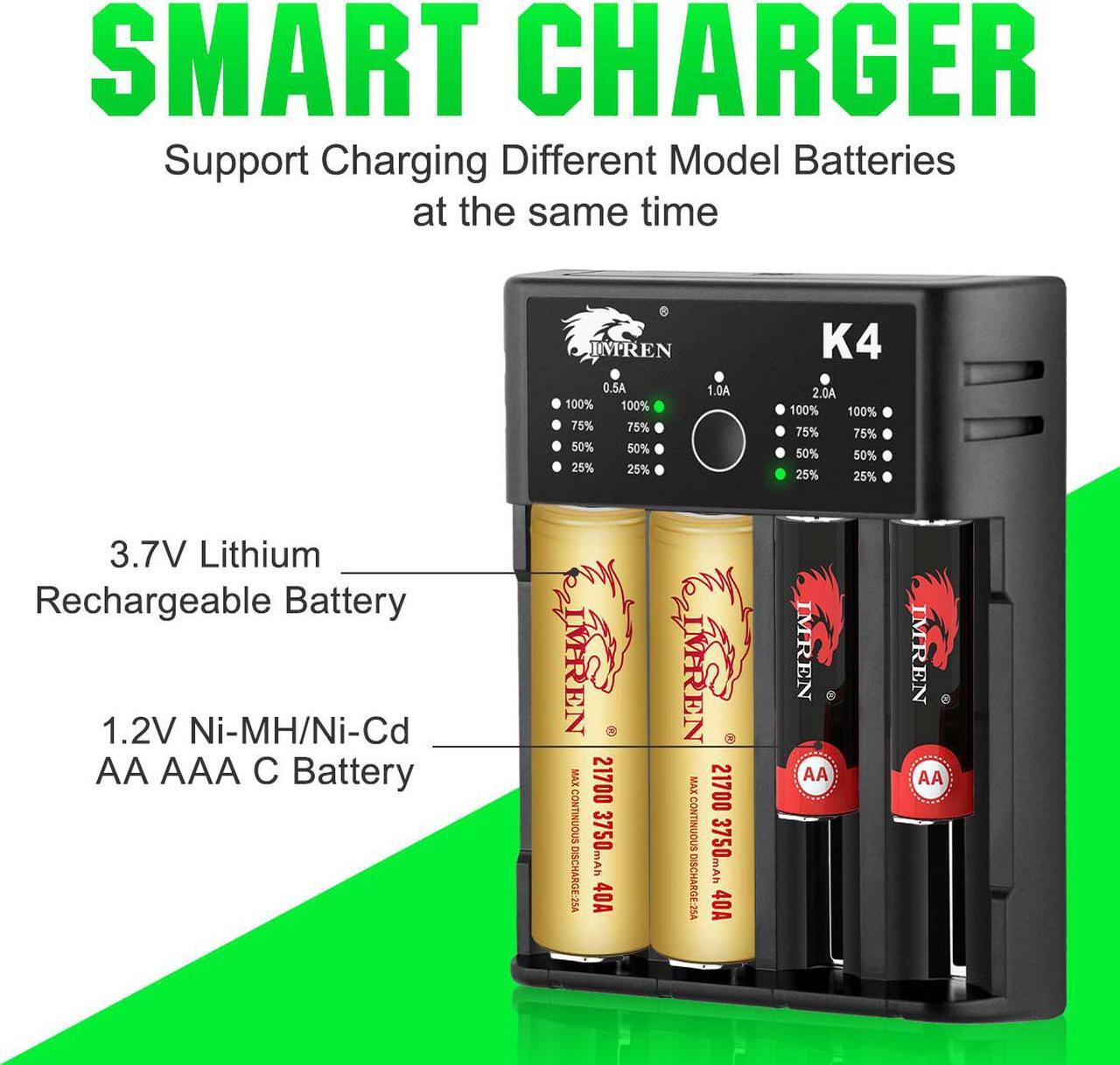 Alt view image 2 of 7 - IMREN 18650 Battery Charger Rechargeable Batteries 5V2A USB Charger 14500 16650 17650 18650 26650 21700 18350 A AA AAA Lithium NiMH Ni-Cd Battery (4 Bay)