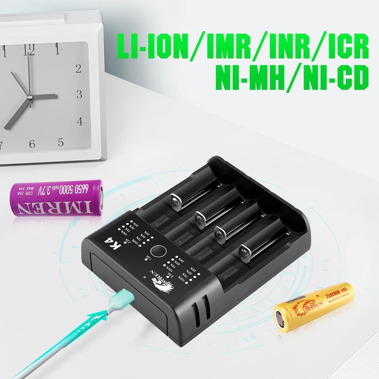 Alt view image 6 of 7 - IMREN 18650 Battery Charger Rechargeable Batteries 5V2A USB Charger 14500 16650 17650 18650 26650 21700 18350 A AA AAA Lithium NiMH Ni-Cd Battery (4 Bay)