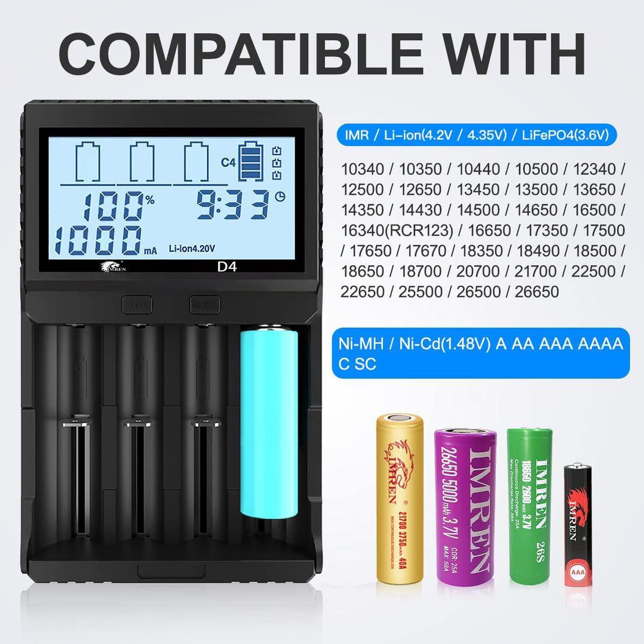 Alt view image 3 of 7 - IMREN 18650 Charger Smart Charger LCD Display for Rechargeable Batteries Li-ion Batteries 18650 18490 18350 17500 16340 14500 RCR123A Ni-MH/Ni-Cd A AA AAA Batteries (4 Bay)