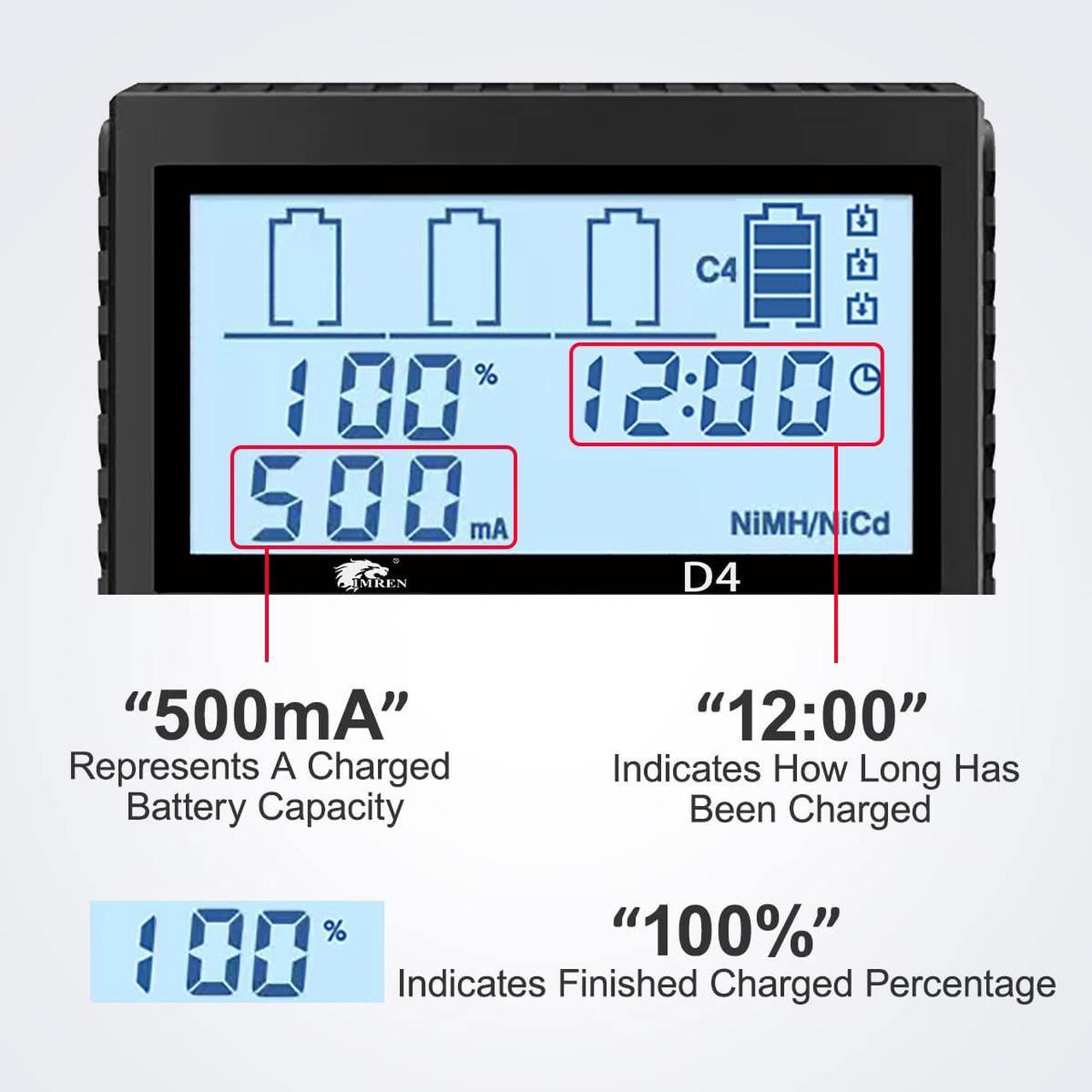 Alt view image 4 of 7 - IMREN 18650 Charger Smart Charger LCD Display for Rechargeable Batteries Li-ion Batteries 18650 18490 18350 17500 16340 14500 RCR123A Ni-MH/Ni-Cd A AA AAA Batteries (4 Bay)