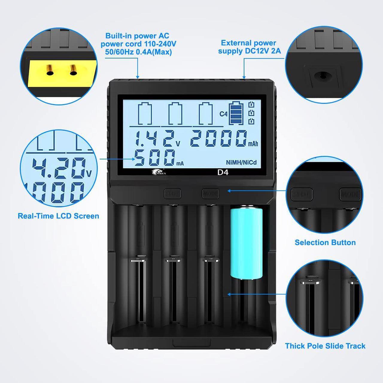 Alt view image 2 of 7 - IMREN 18650 Charger Smart Charger LCD Display for Rechargeable Batteries Li-ion Batteries 18650 18490 18350 17500 16340 14500 RCR123A Ni-MH/Ni-Cd A AA AAA Batteries (4 Bay)
