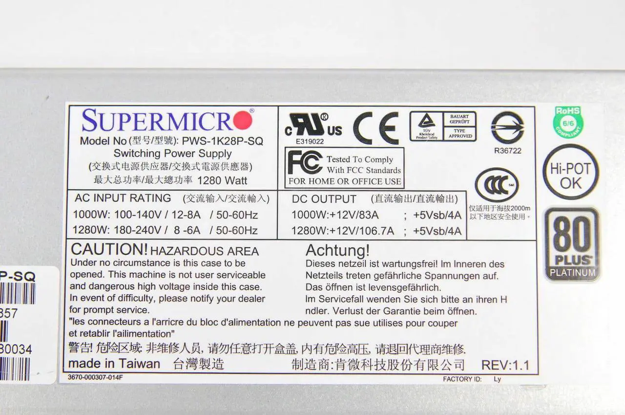 Alt view image 5 of 5 - SuperMicro PWS-1K28P-SQ 1280W Hot Swap 80+ Plus Platinum Server Power Supply
