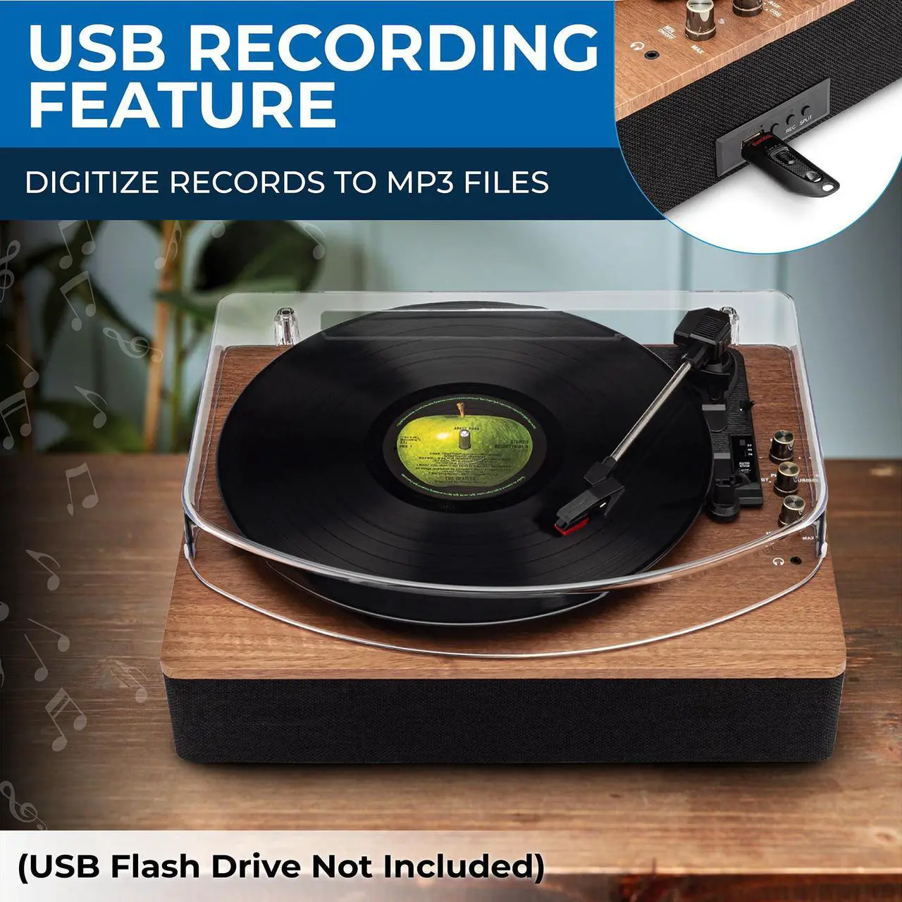 Alt view image 5 of 6 - SoundBeast Retro Wooden Turntable with 3 Speed Vinyl Record Player, Built-in Stereo Speakers, Bluetooth, Aux in, USB Playback, & USB Recording to MP3