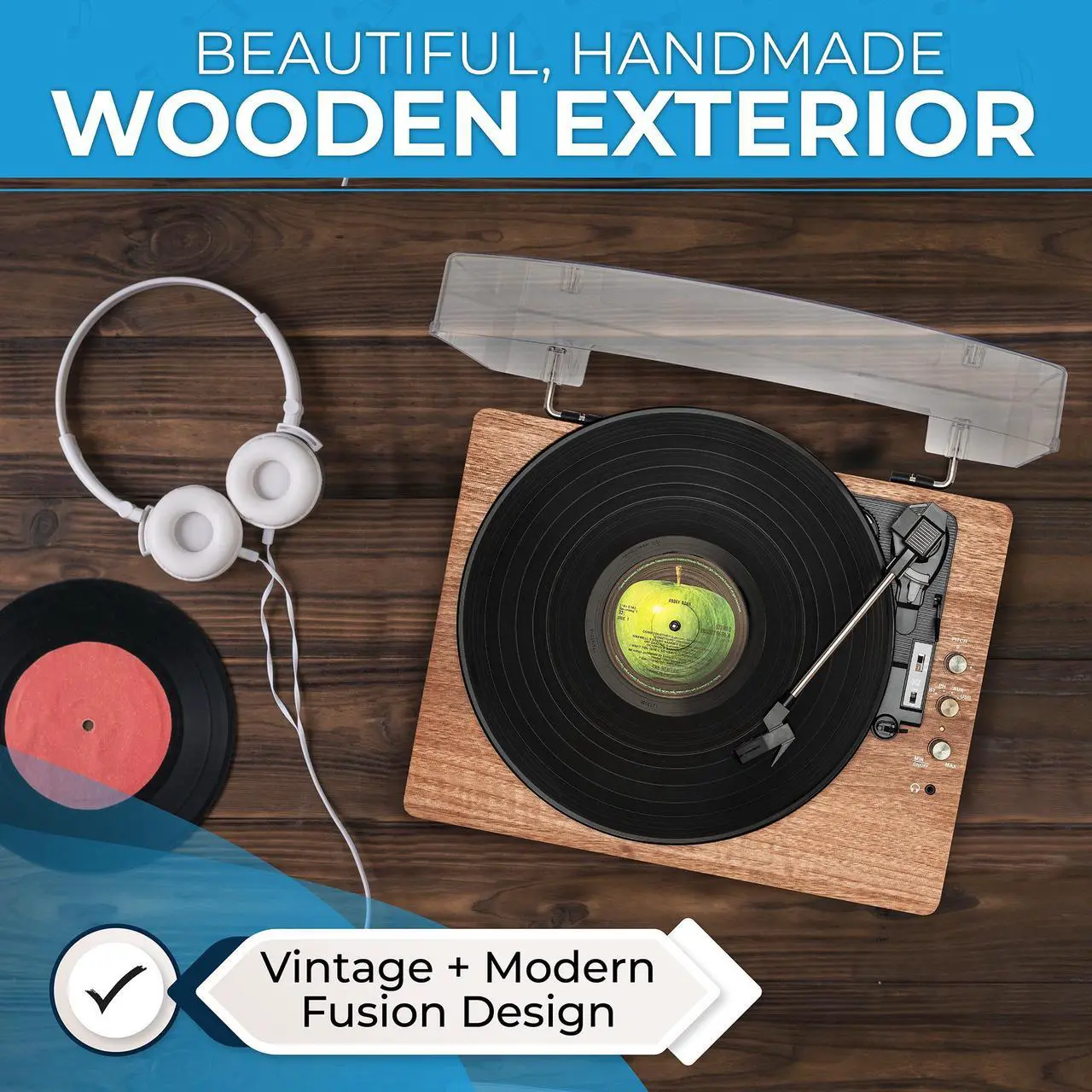 Alt view image 2 of 6 - SoundBeast Retro Wooden Turntable with 3 Speed Vinyl Record Player, Built-in Stereo Speakers, Bluetooth, Aux in, USB Playback, & USB Recording to MP3