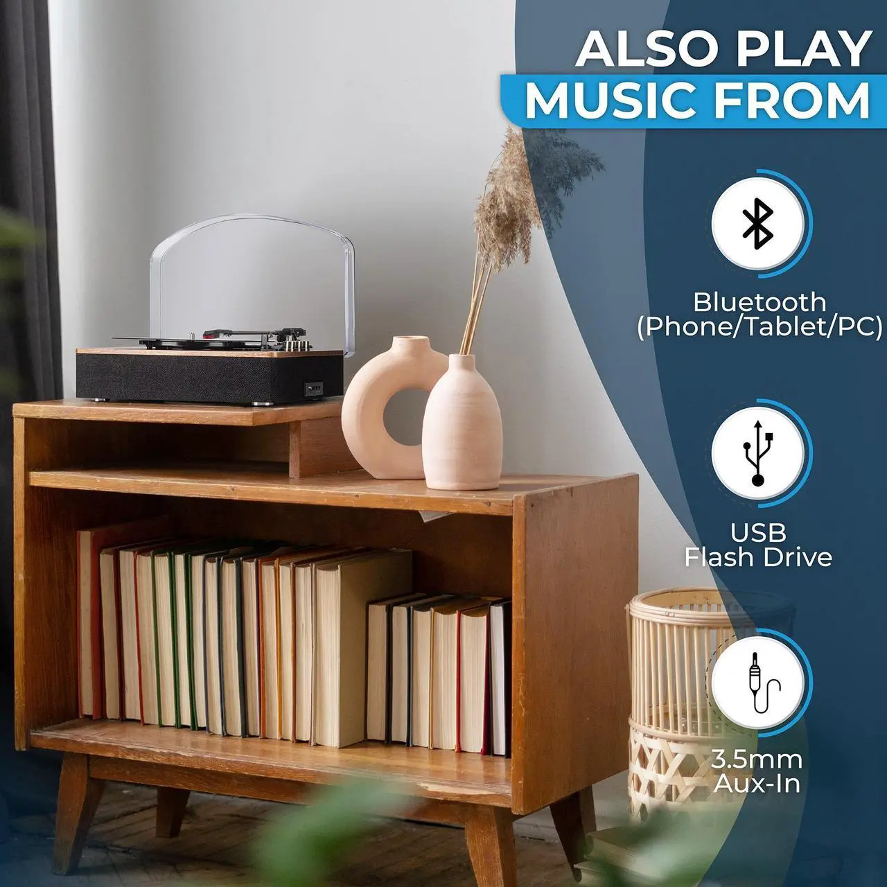 Alt view image 4 of 6 - SoundBeast Retro Wooden Turntable with 3 Speed Vinyl Record Player, Built-in Stereo Speakers, Bluetooth, Aux in, USB Playback, & USB Recording to MP3
