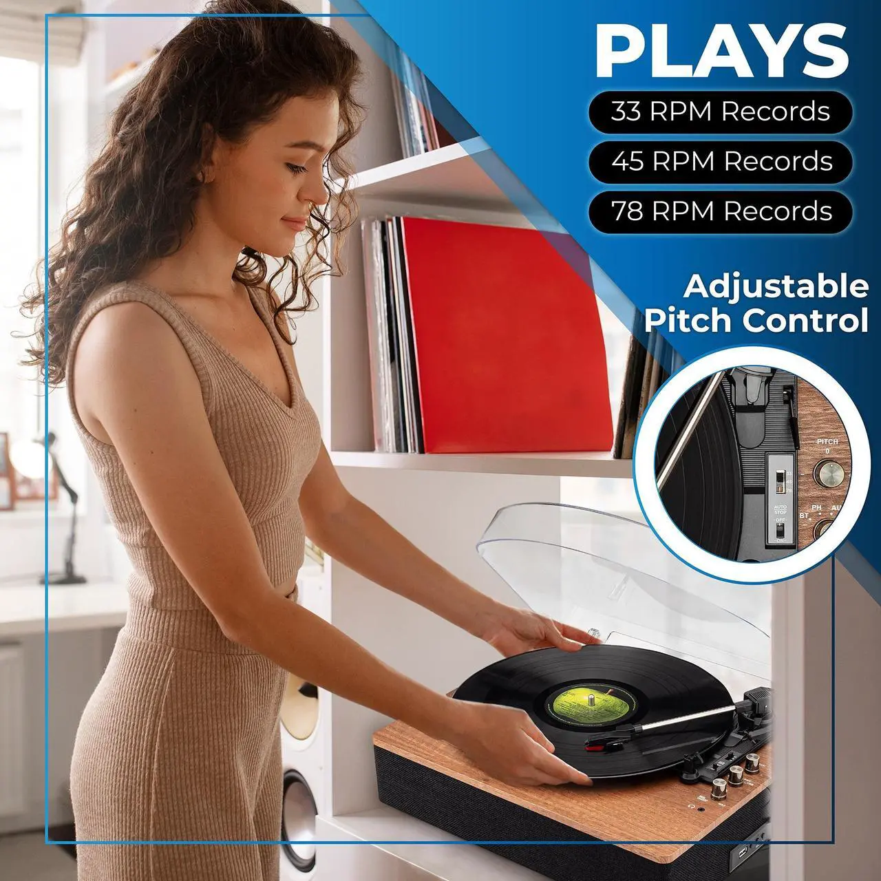 Alt view image 3 of 6 - SoundBeast Retro Wooden Turntable with 3 Speed Vinyl Record Player, Built-in Stereo Speakers, Bluetooth, Aux in, USB Playback, & USB Recording to MP3
