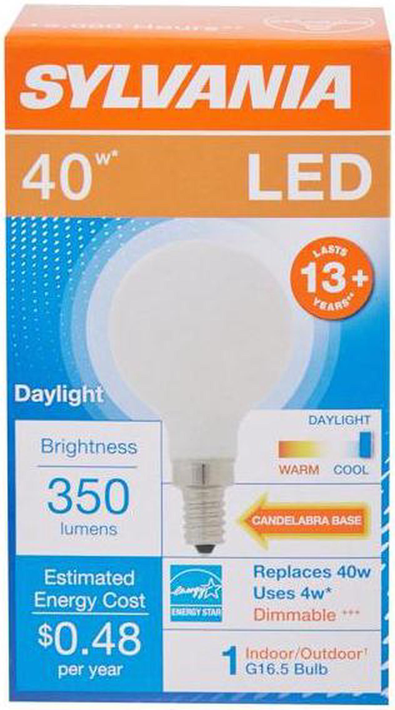 Main image of (4 bulbs) Sylvania 40362 LED G16.5 Globe, 40 watt equivalent, Indoor Outdoor, Dimmable, Daylight, Candelabra Base, 350 Lumens LED Light Bulb