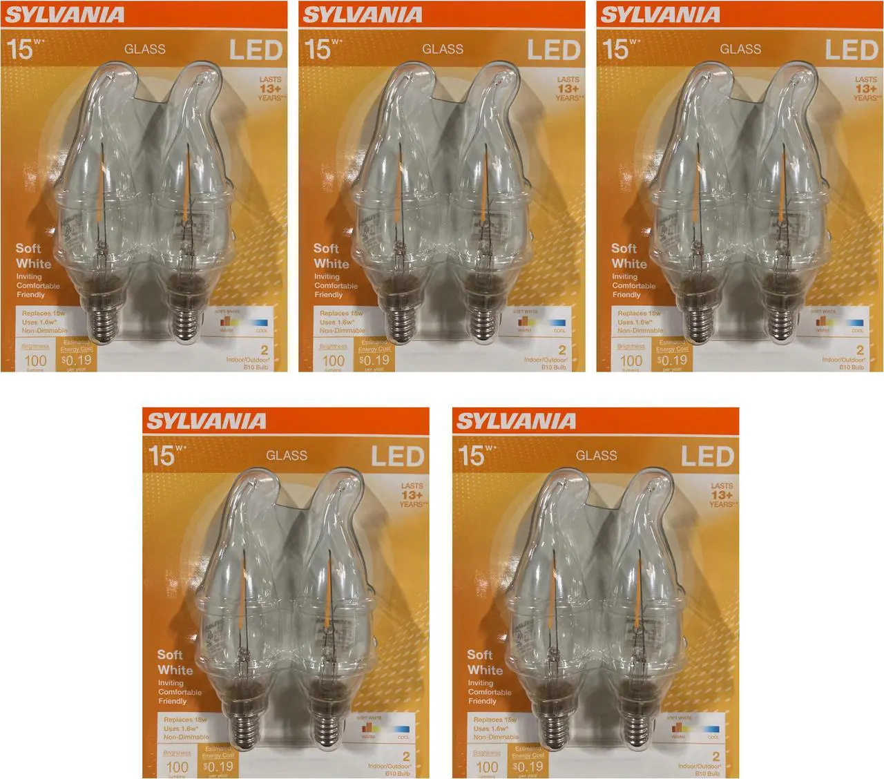 Alt view image 2 of 2 - (case of 10 bulbs) Sylvania 70945 LED Decorative Light 1.6 watt B10 Candelabra Screw Base 2700K Daylight LED Filament, bent tip, warm white