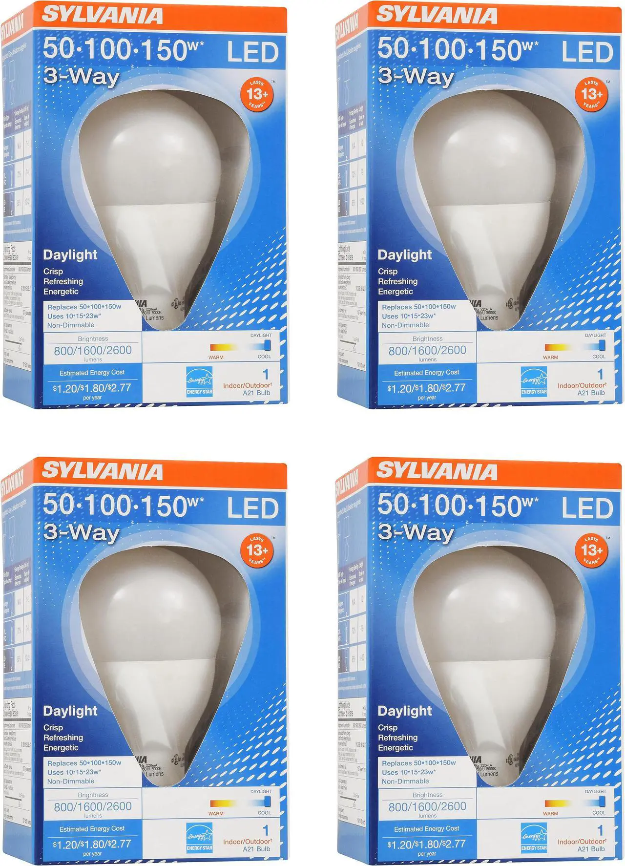 Main image of (4 bulbs) SYLVANIA A21 LED Light Bulb, 3 Way, 50W/ 100W/ 150W, 13 Year, Non-Dimmable, Up to 2600 Lumens, 5000K, Daylight (79770)