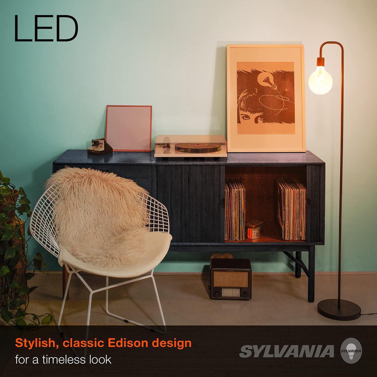 Alt view image 6 of 7 - (4 bulbs) LEDVANCE Sylvania LED Vintage Filament G30 Globe Light Bulb, 60W = 6.5W, Medium Base, Dimmable, Amber Glow
