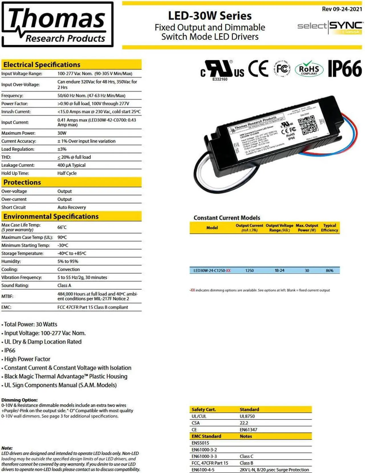 Alt view image 2 of 3 - Hubbell Thomas Research Products LED30W-24-C1250-D LED Driver, Constant Current, Dry and Damp Location Rated. Dimmable