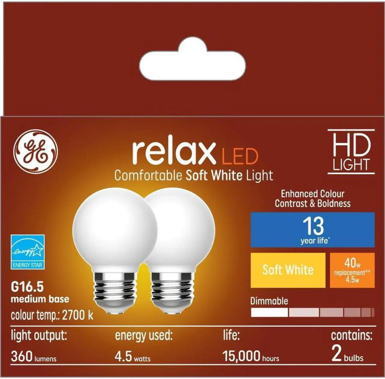 Main image of (2 bulbs) GE relax LED G16.5 Globe Light Bulbs, 40 watt replacement, medium base, warm soft white high definition light, 2700K, Decorative frosted Globe LED Light Bulbs