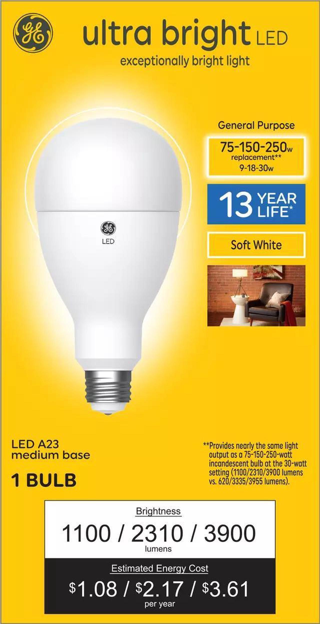 Main image of Plump GE ultra bright LED 3-way light bulb, 75/150/250 watt replacement, Soft White, 1100/2310/3900 lumens, exceptionally bright LED A23, frost finish, irregular size