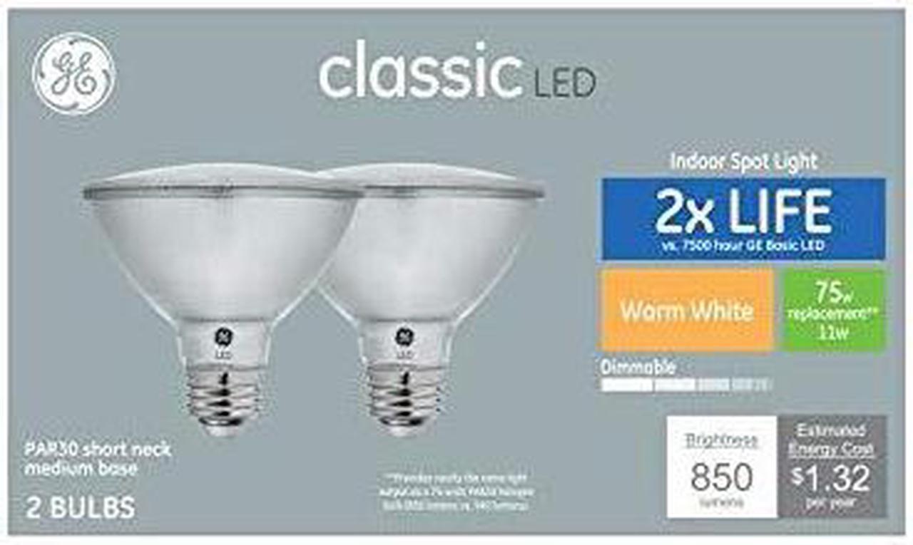 Main image of (2 bulbs) GE classic LED PAR30 Shortneck, 75 W Equivalent, Dimmable Warm White Par30 Shortneck, 11 watt, 850 lumen LED Light Bulb Indoor Spot Light