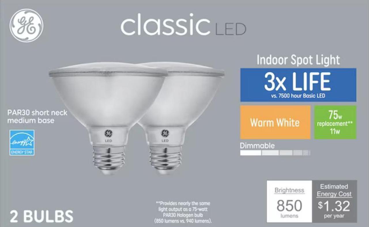 Alt view image 4 of 4 - (2 bulbs) GE classic LED PAR30 Shortneck, 75 W Equivalent, Dimmable Warm White Par30 Shortneck, 11 watt, 850 lumen LED Light Bulb Indoor Spot Light